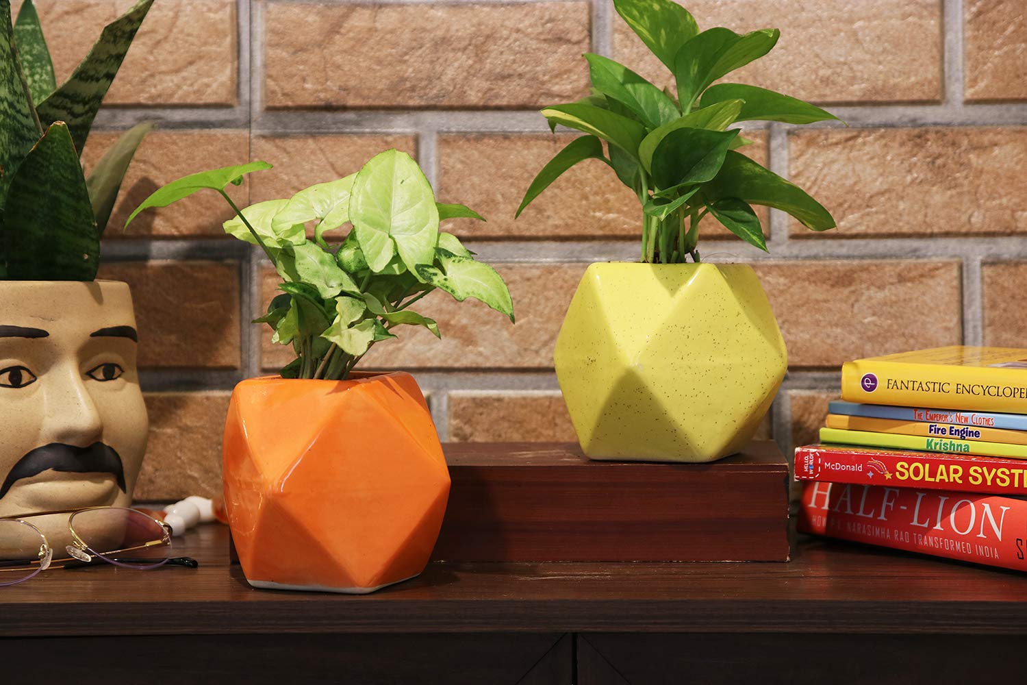 Leafy Tales Polygon Shape Ceramic Pot, Orange, 1 pc (Polygon Orange)