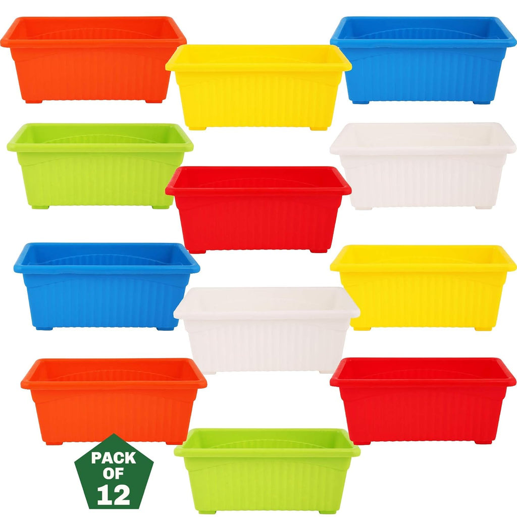 Leafy Tales Multicolor Rectangular Plastic Pots for Plants, Window Display, (Set of 12) (34.5 x 18.5 x 14 cm) (Tub - 12)