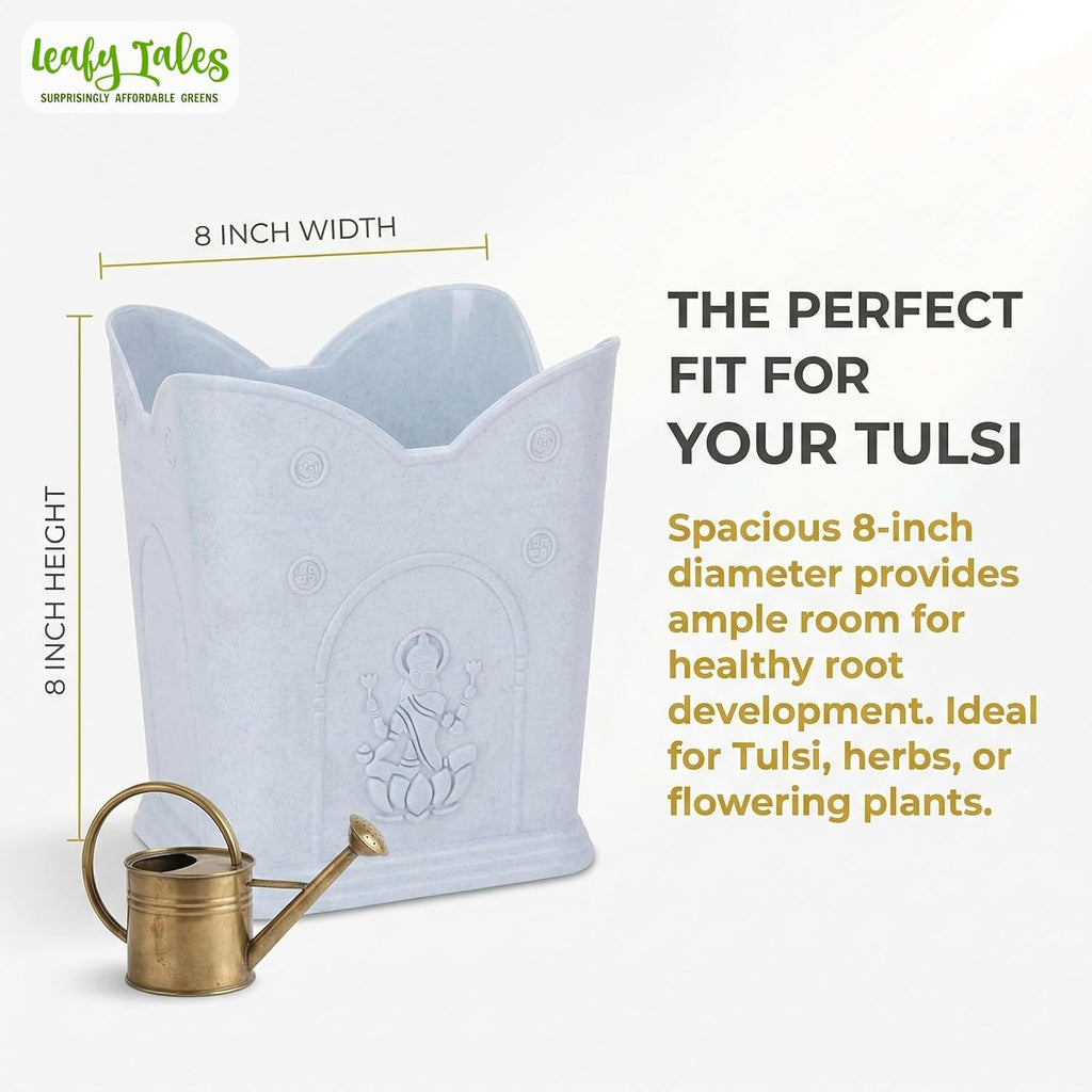 Leafy Tales 8-Inch Elegant White Sattva Tulsi Pot – Durable PPE Plastic Planter for Indoor & Outdoor Balcony – UV Resistant & Weatherproof Holy Basil Pot for Home Decor (White, 8H x 8W)
