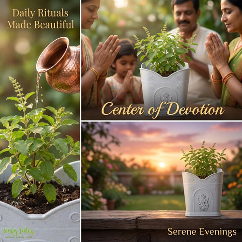 Leafy Tales 8-Inch Elegant White Sattva Tulsi Pot – Durable PPE Plastic Planter for Indoor & Outdoor Balcony – UV Resistant & Weatherproof Holy Basil Pot for Home Decor (White, 8H x 8W)