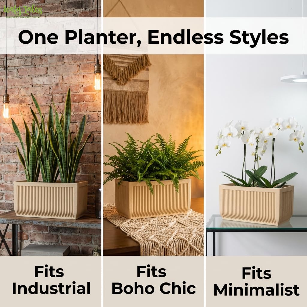 Leafy Tales Modern Rectangular Window Planter 24 Inch - Fluted Decorative Succulent Pot with Textured Stone Finish, Indoor/Outdoor Flower Box for Windowsill, Balcony, and Office Desk Decor