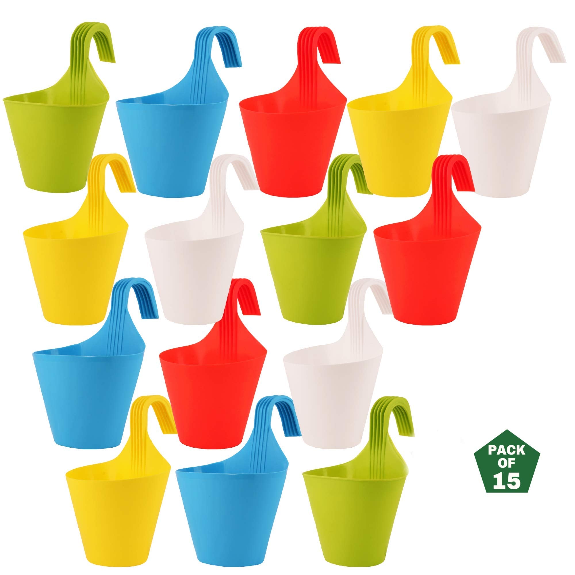 Leafy Tales Plastic Hook Hanging Pots (Set of 5, Multicolor) - 28 x 12 x 22 cm Durable Railing Planters - Detachable Hook Flower Pots for Balcony, Indoor, Outdoor Garden & Window Grills
