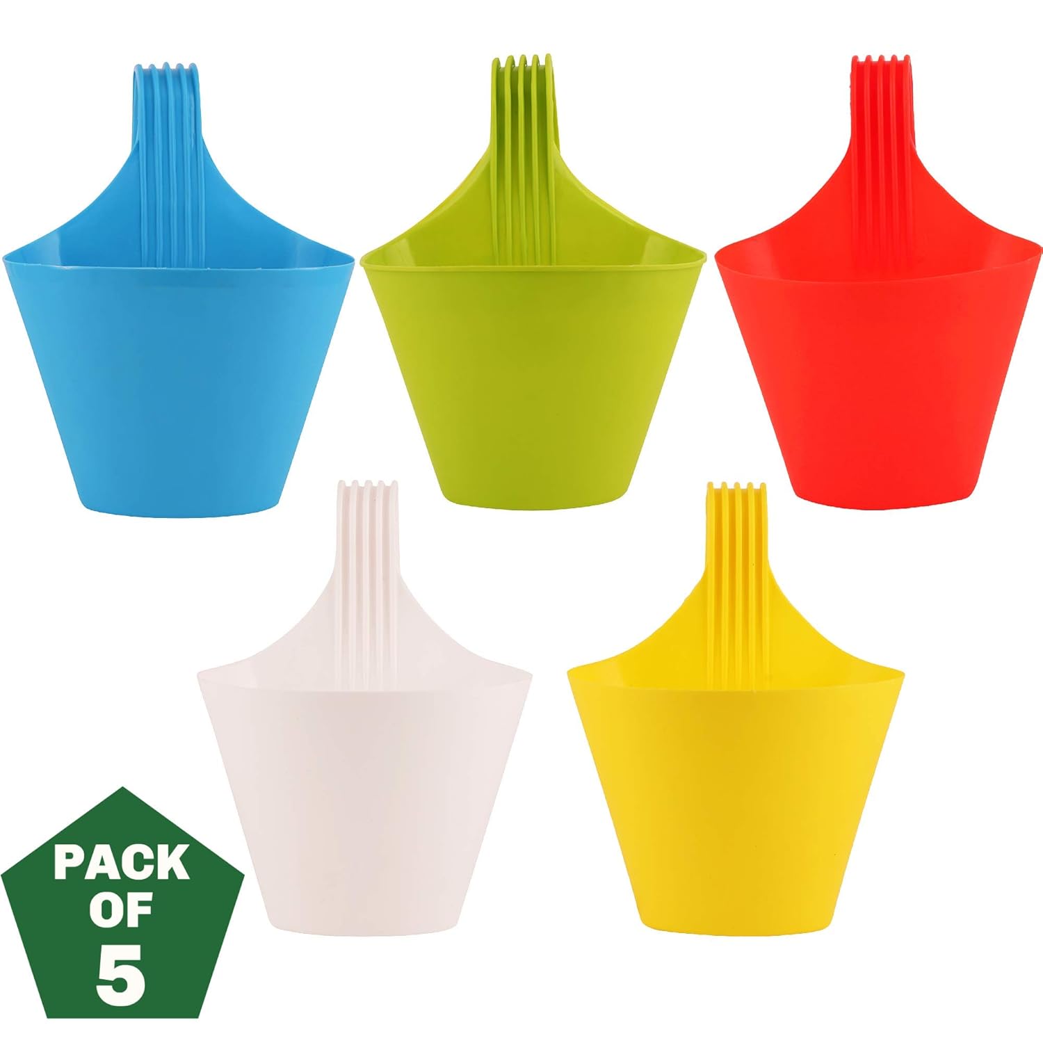 Leafy Tales Plastic Hook Hanging Pots (Set of 5, Multicolor) - 28 x 12 x 22 cm Durable Railing Planters - Detachable Hook Flower Pots for Balcony, Indoor, Outdoor Garden & Window Grills