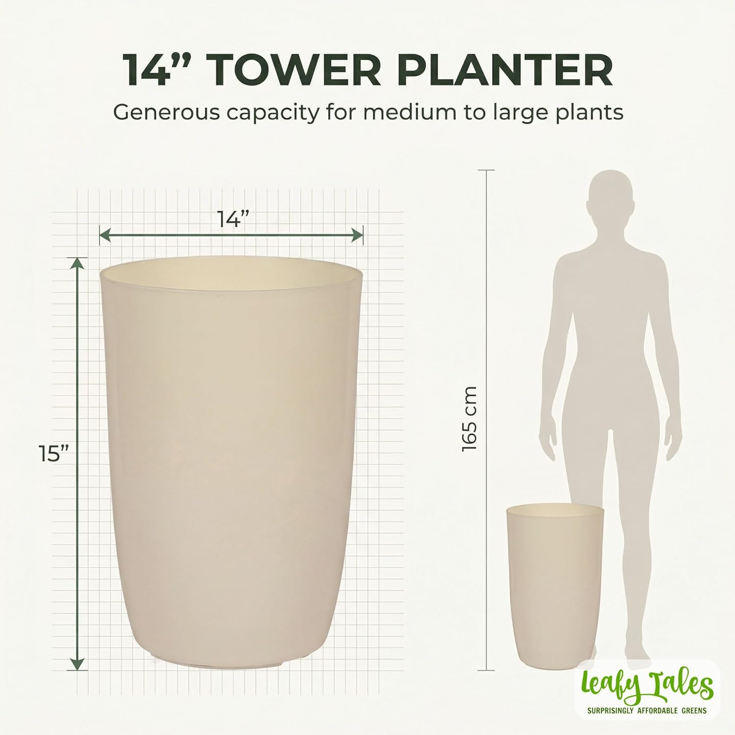 Leafy Tales Modern Round Tower Planter for Home Décor 14 INCH, Highly Durable,Lightweight Indoor Outdoor Planter, Flower Pot Gamla, Pot for Balcony Garden, Vegetables, Flowers & Greenery