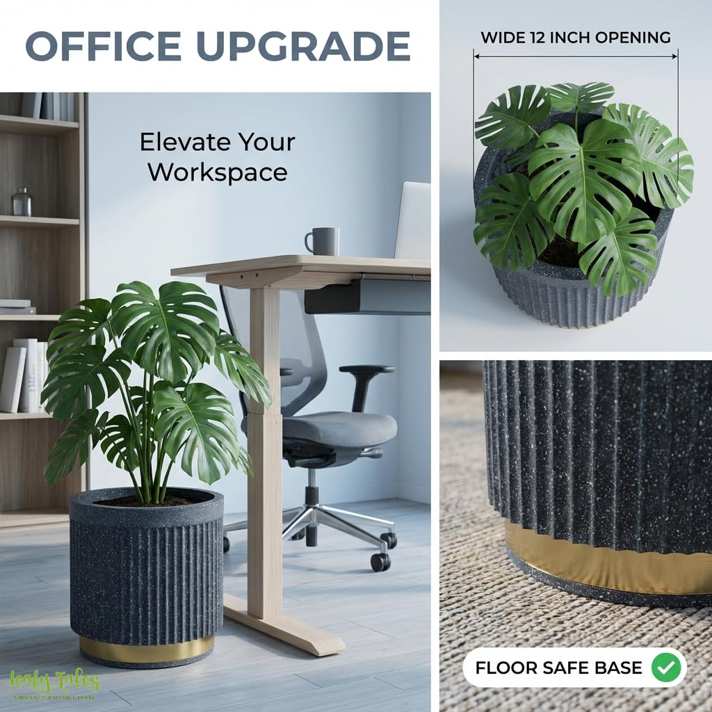 Leafy Tales Premium Fluted Cylinder Planter with Gold Base - 12 Inch Modern Decorative Flower Pot for Indoor Trees and Plants, Elegant Ribbed Texture for Living Room, Office, and Luxury Home Decor