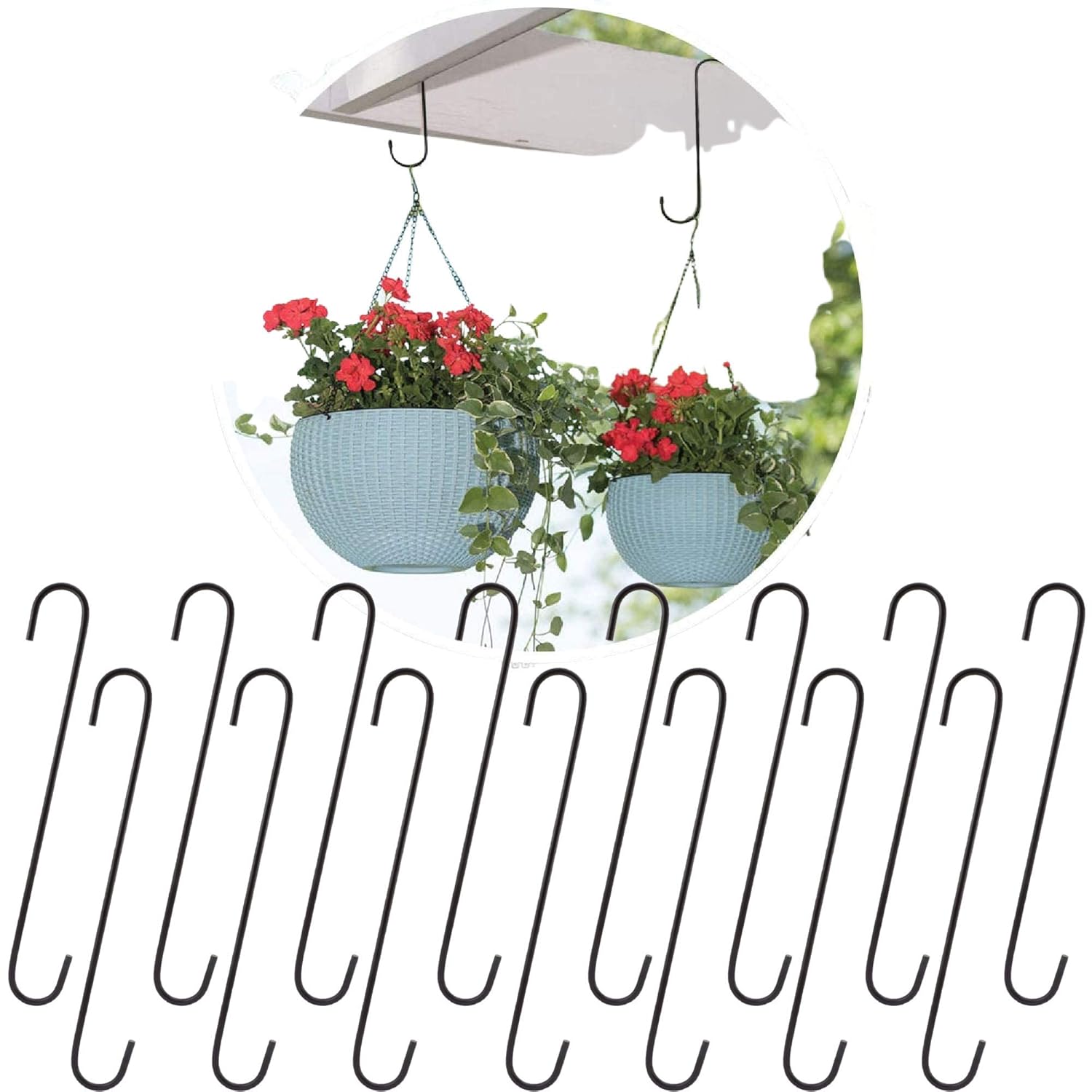 Leafy Tales 10-Inch Heavy Duty Metal S Hooks (Pack of 15) - Large Black S-Shaped Hanging Hooks for Plant Baskets, Bird Feeders, Pots & Pans | Rust-Proof Iron Utility Hooks for Home & Garden
