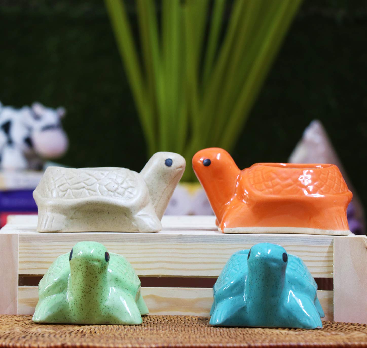 Leafy Tales Turtle Shape Ceramic Pot Set of 4, Pot Only | Home Décor | Multicolor, Color May Vary, 4 Inch (Turtle Set 4)