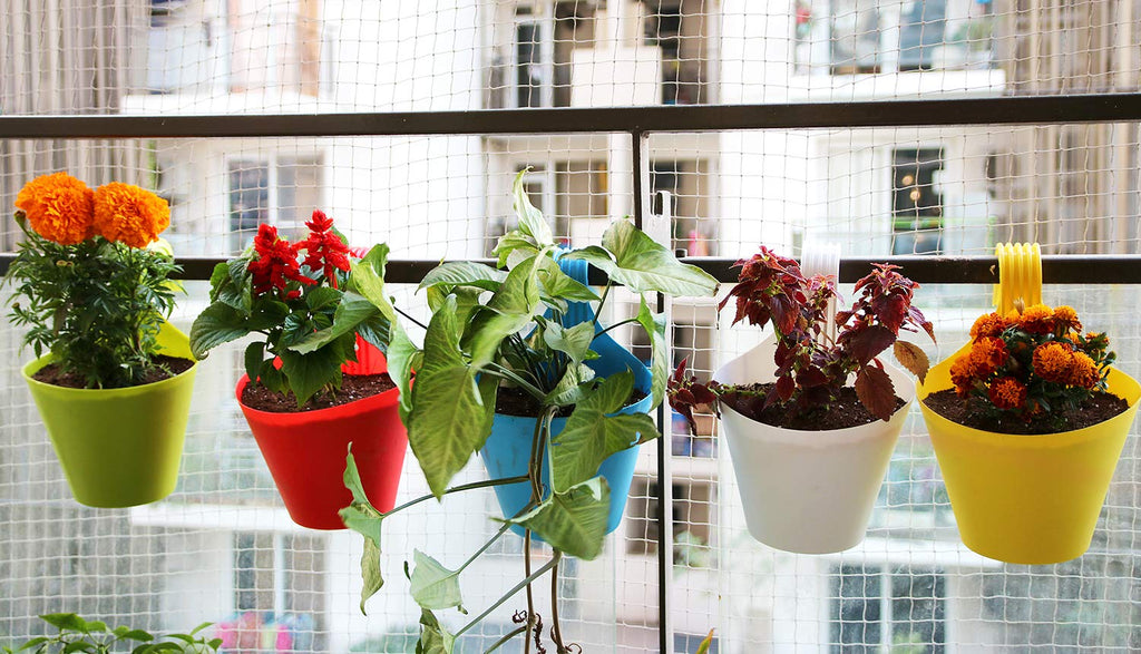 Leafy Tales Plastic Hook Hanging Pots (Set of 1, Blue) - 28 x 12 x 22 cm Durable Railing Planters - Detachable Hook Flower Pots for Balcony, Indoor, Outdoor Garden & Window Grills