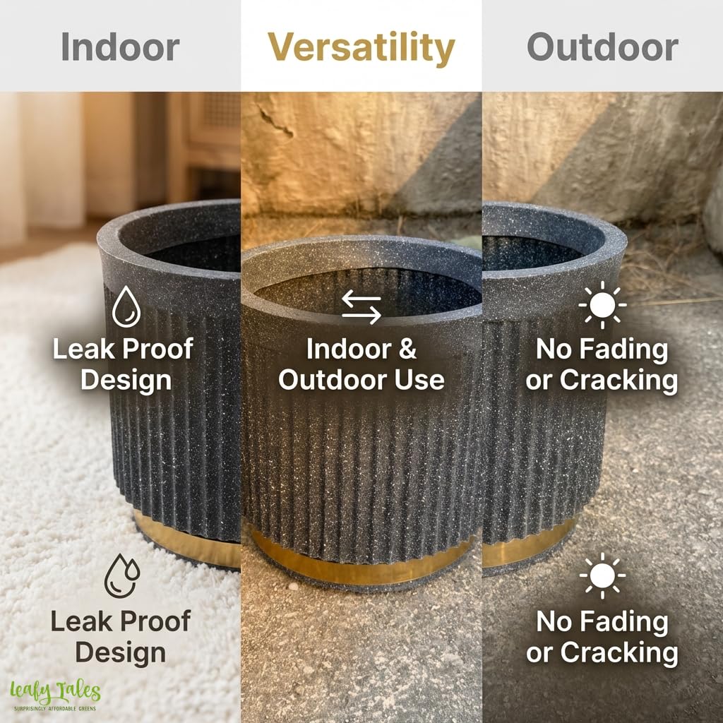 Leafy Tales Premium Fluted Cylinder Planter with Gold Base - 12 Inch Modern Decorative Flower Pot for Indoor Trees and Plants, Elegant Ribbed Texture for Living Room, Office, and Luxury Home Decor