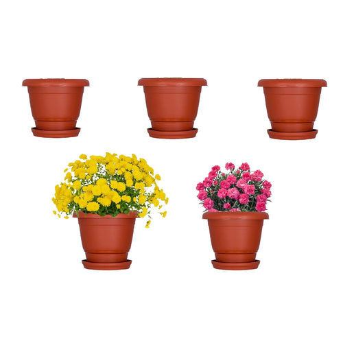 Leafy Tales 6-inch Plastic Flower Pots with 4-inch Dripping Trays (Pack of 5 Sets) - Terracotta Colour Garden Gamla for Home & Outdoor Balcony - Durable Indoor/Outdoor Planters with Drainage Saucers