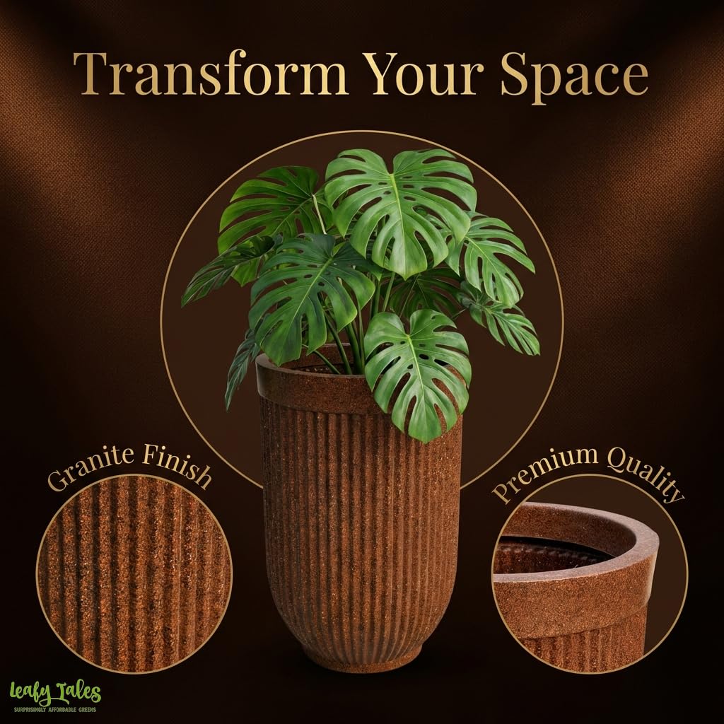 Leafy Tales Modern Ribbed Tall Round Planter - 24 Inch Decorative Flower Pot with Granite Finish, Lightweight & Weather Resistant Indoor/Outdoor Garden Pot for Home, Office, and Living Room Decor