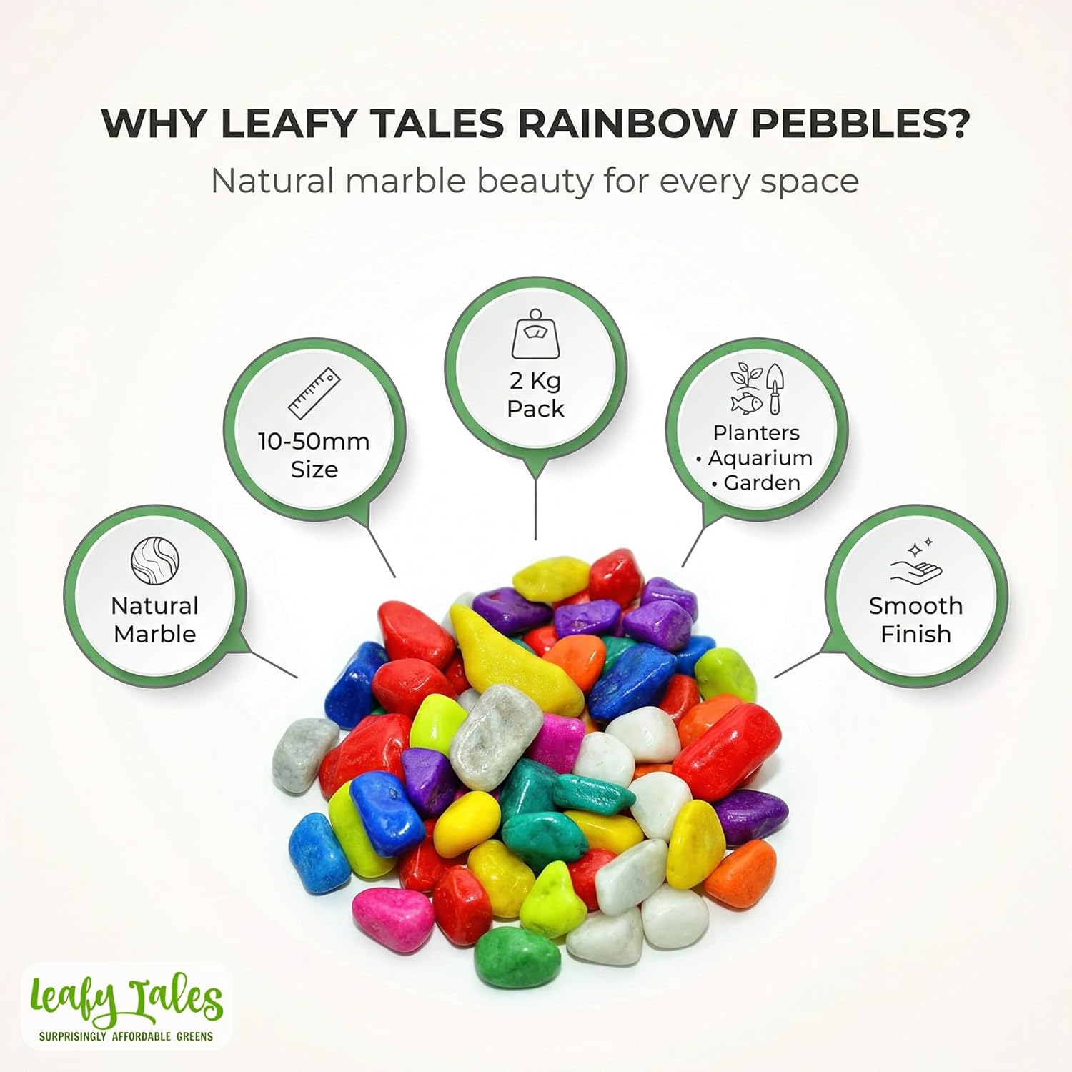 Leafy Tales Rainbow Marble Stone Pebbles for Home & Garden Decoration| Rainbow Pebbles 2 Kg