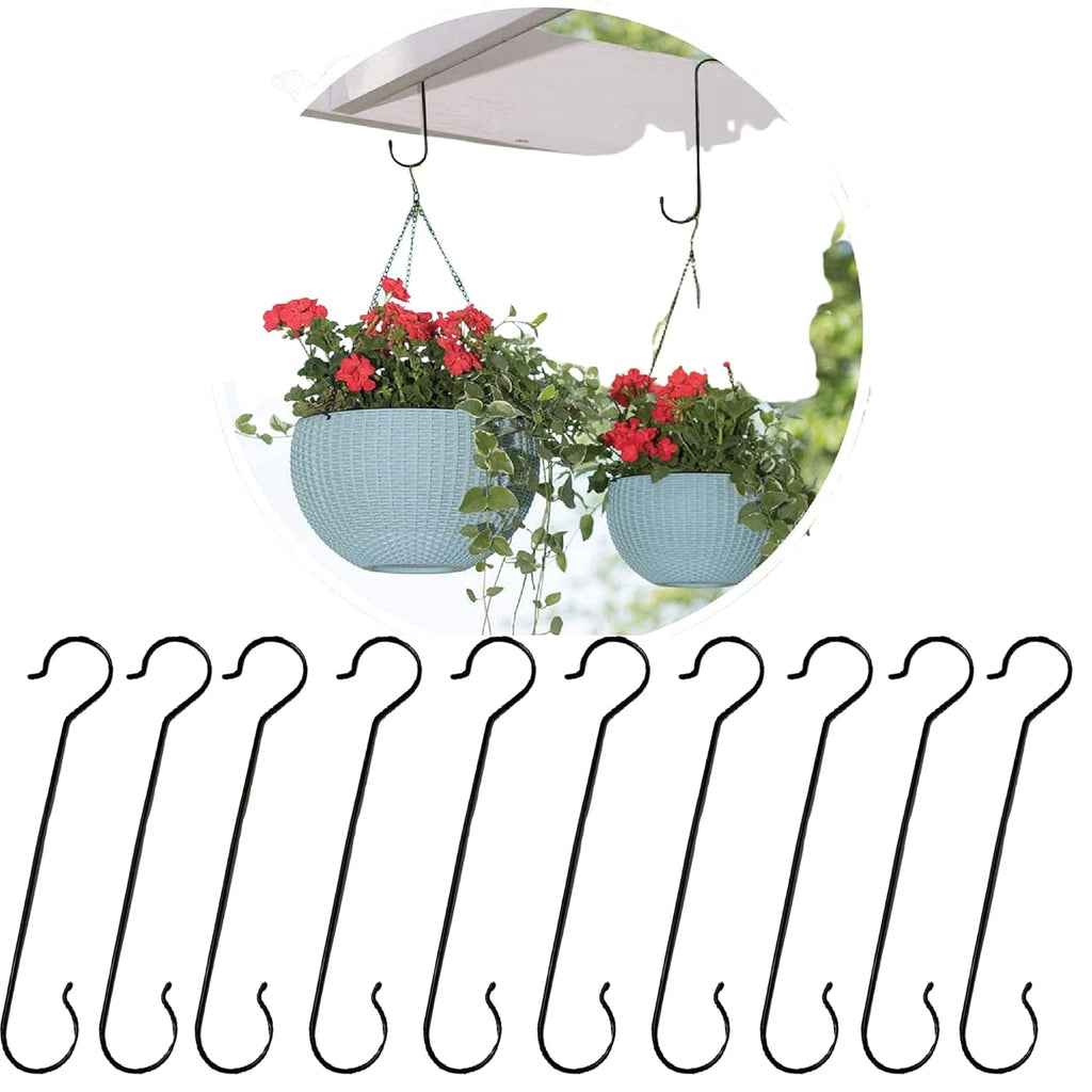 Leafy Tales 16-Inch Heavy Duty Metal S Hooks (Pack of 10) - Large Black S-Shaped Hanging Hooks for Plant Baskets, Bird Feeders, Pots & Pans | Rust-Proof Iron Utility Hooks for Home & Garden