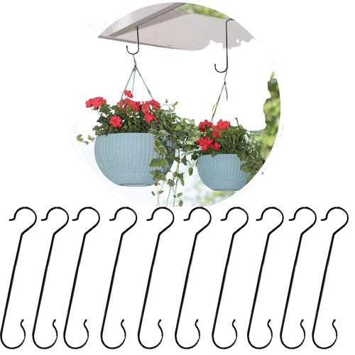 Leafy Tales 16-Inch Heavy Duty Metal S Hooks (Pack of 10) - Large Black S-Shaped Hanging Hooks for Plant Baskets, Bird Feeders, Pots & Pans | Rust-Proof Iron Utility Hooks for Home & Garden