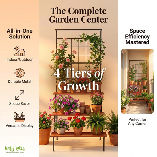 Leafy Tales Bloom 4-Tier Plant Stand with Premium Wooden Finish, Large Indoor & Outdoor Metal Planter for Living Room, Balcony & Patio, Flower Pot Display Shelf, Home Décor