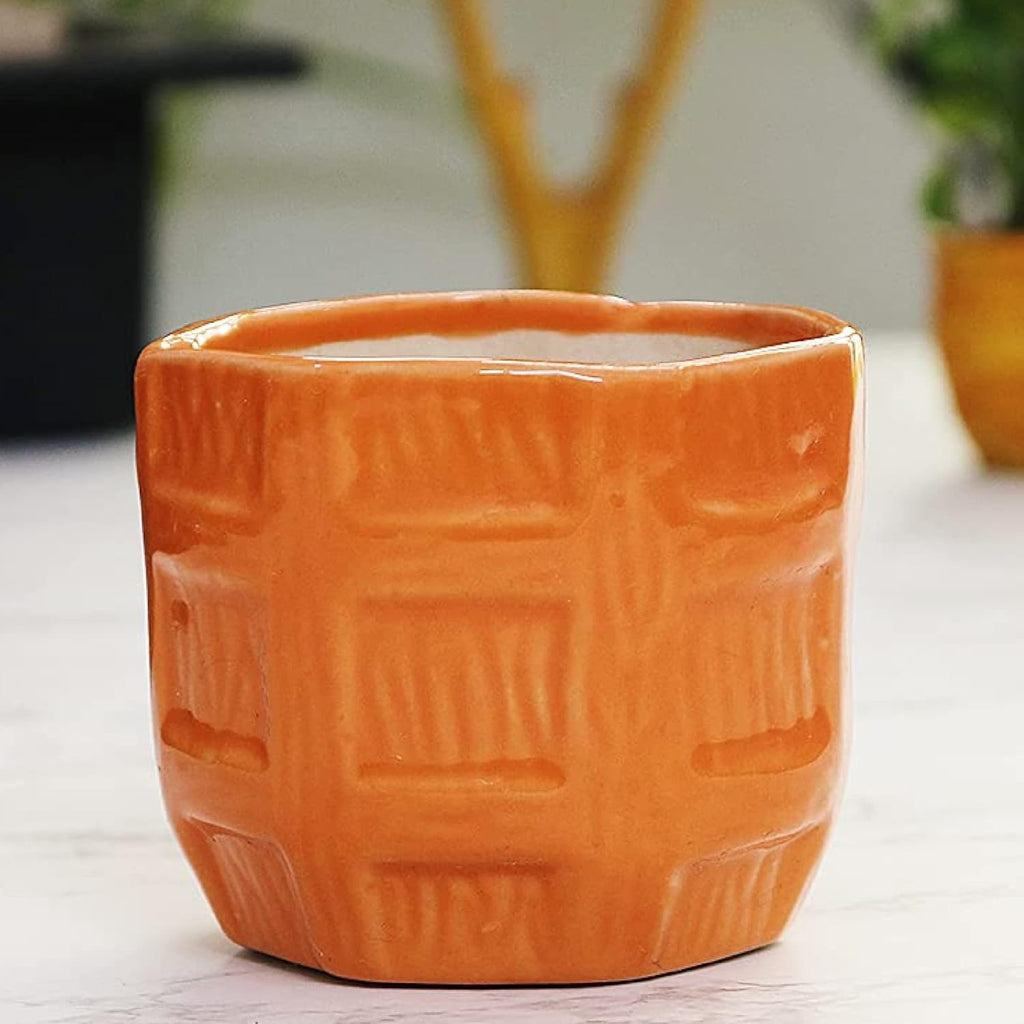 Leafy Tales Barrel Textured Ceramic Pot Planter for Home Garden Decor Office Decor, Orange, 1pc