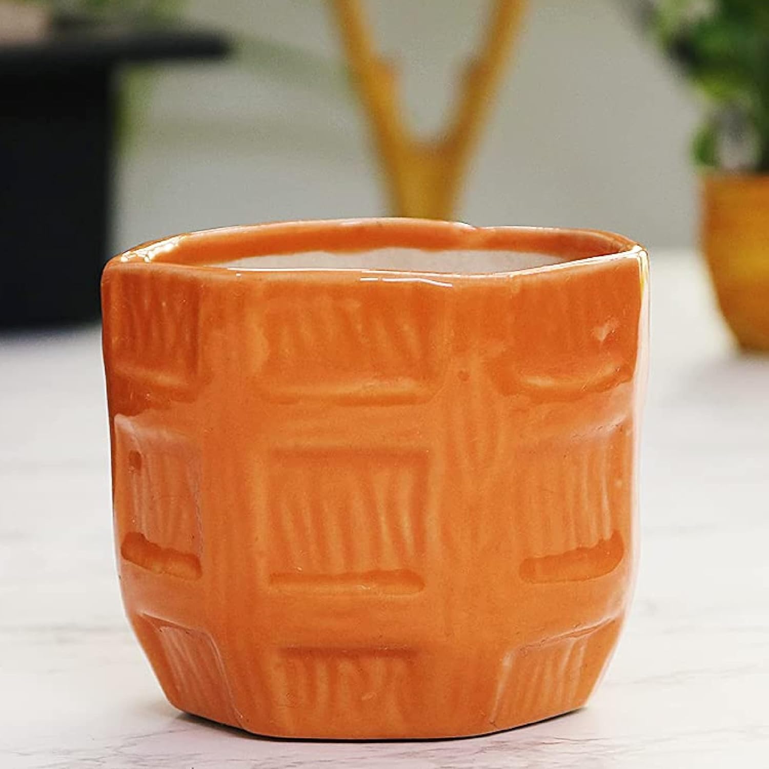 Leafy Tales Barrel Textured Ceramic Pot Planter for Home Garden Decor Office Decor, Orange, 1pc