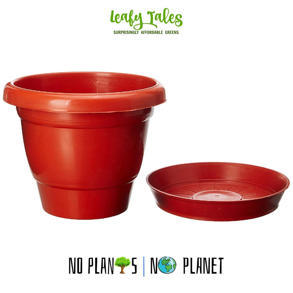 Leafy Tales 8-inch Plastic Flower Pots with 4-inch Dripping Trays (Pack of 6 Sets) - Terracotta Colour Garden Gamla for Home & Outdoor Balcony - Durable Indoor/Outdoor Planters with Drainage Saucers