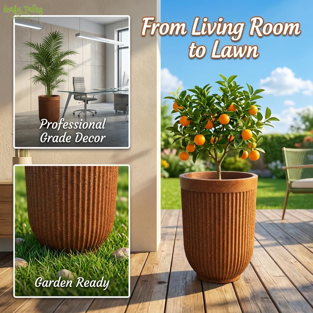 Leafy Tales Modern Ribbed Tall Round Planter - 18 Inch Decorative Flower Pot with Granite Finish, Lightweight & Weather Resistant Indoor/Outdoor Garden Pot for Home, Office, and Living Room Decor