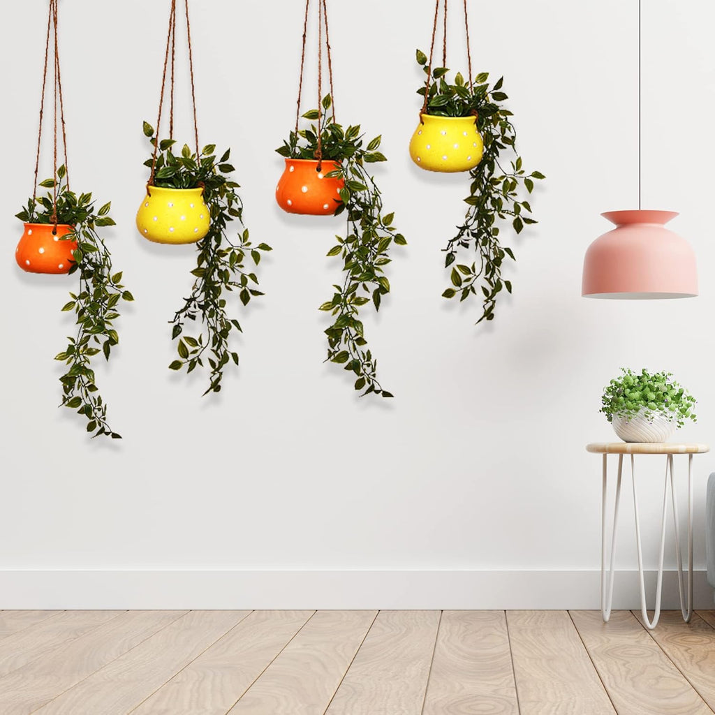 Leafy Tales Hanging Matki Shape Ceramic Pot Set of 4, Pot Only, (Matki Set of 4)