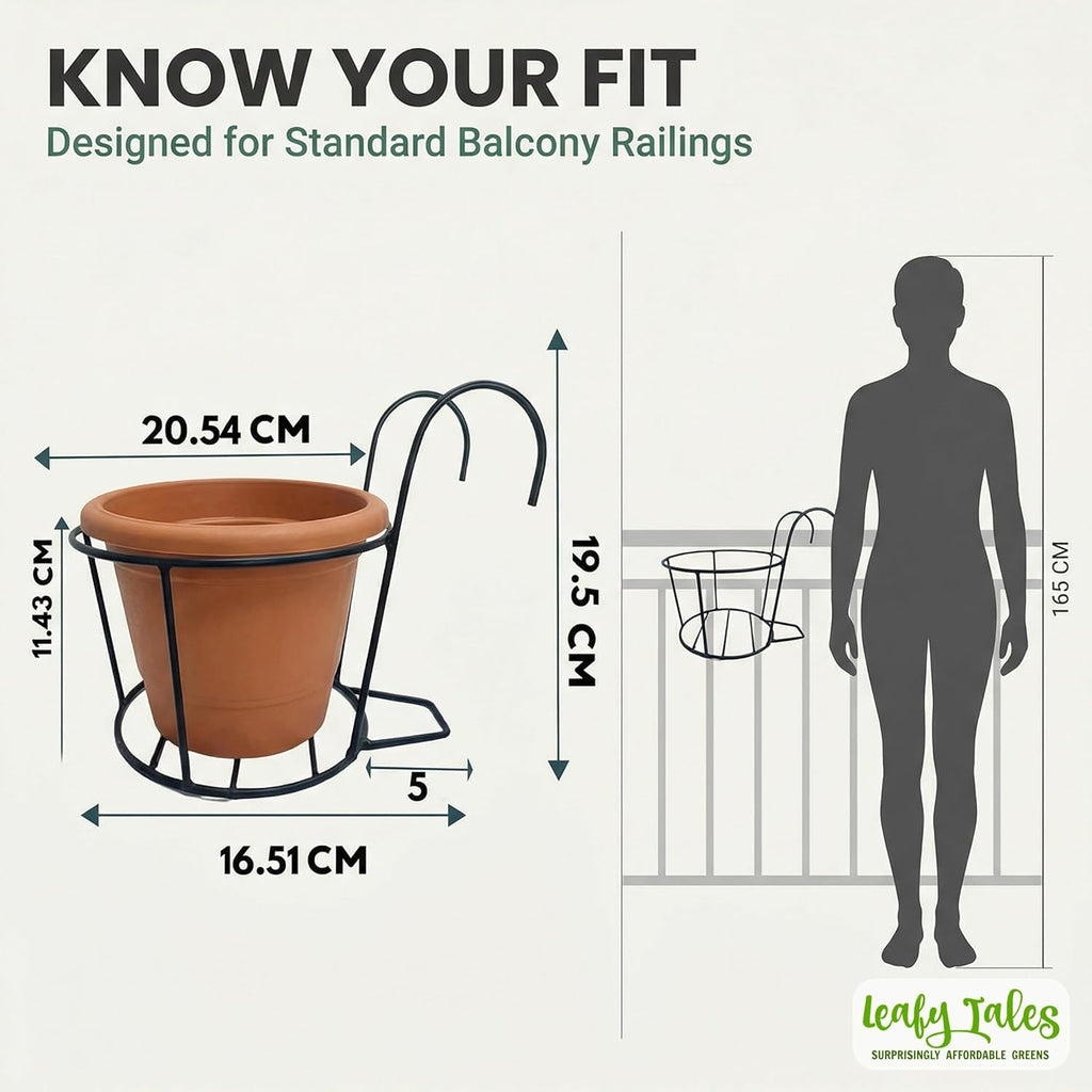 Leafy Tales Metal Hanging Flower Pot Railing Stand (Set of 1) - Rust-Proof Black Plant Holders for Balcony Grill & Terrace | Heavy Duty Hanging Planter Baskets for Home Garden Decor