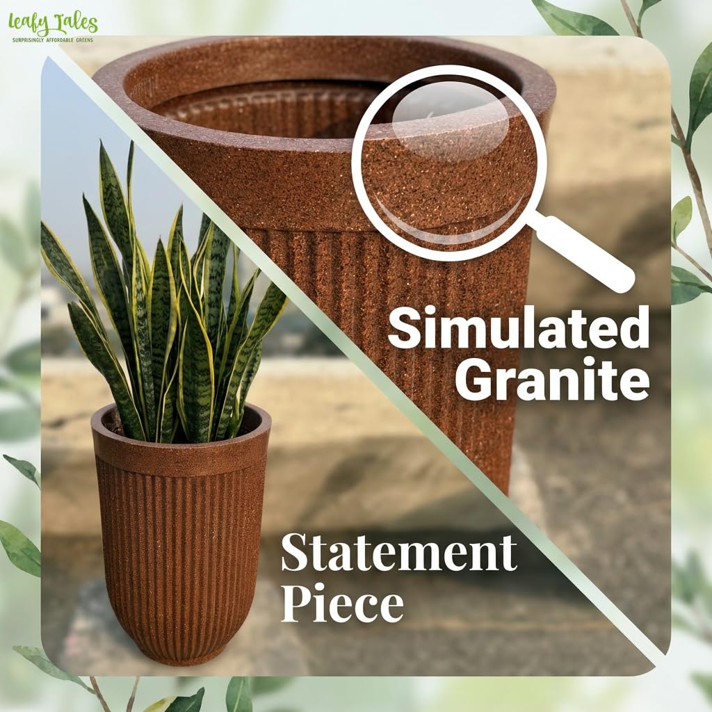Leafy Tales Modern Ribbed Tall Round Planter - 24 Inch Decorative Flower Pot with Granite Finish, Lightweight & Weather Resistant Indoor/Outdoor Garden Pot for Home, Office, and Living Room Decor