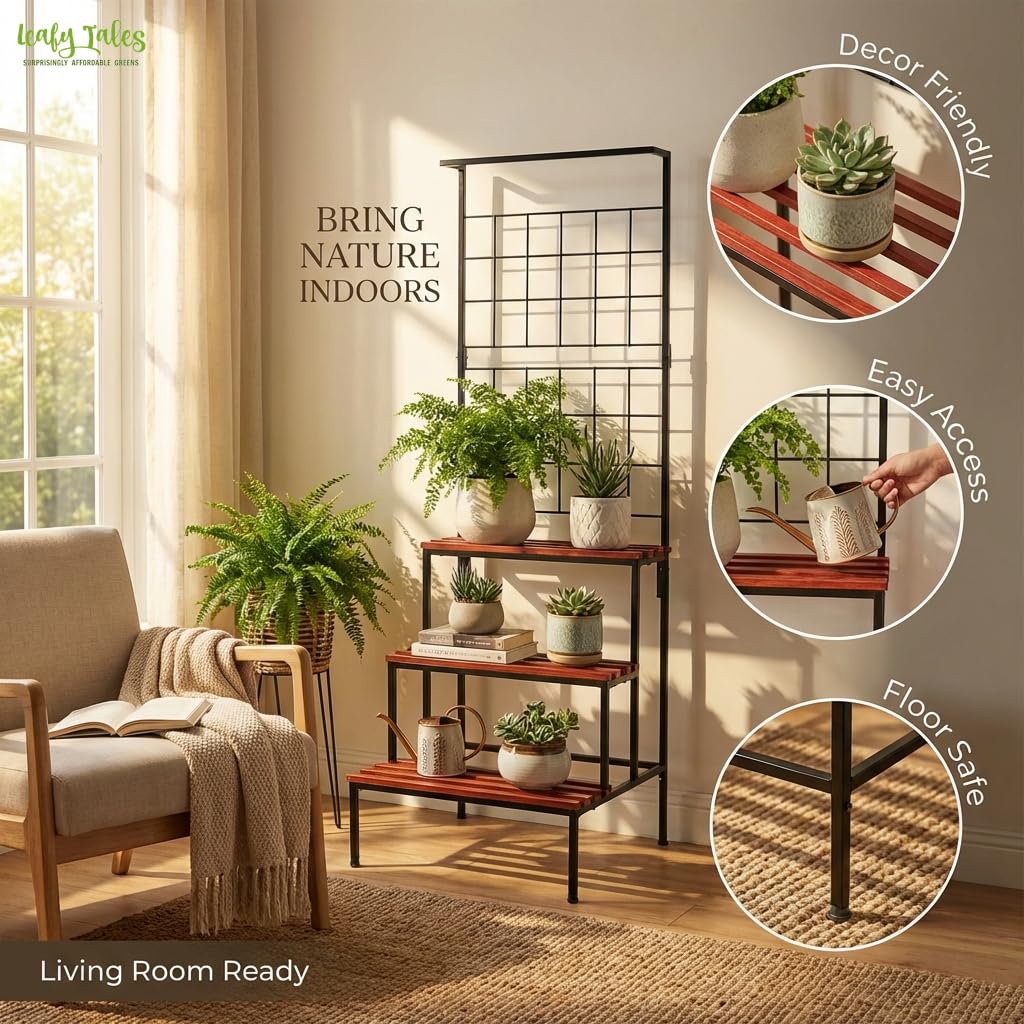 Leafy Tales Bloom 4-Tier Plant Stand with Premium Wooden Finish, Large Indoor & Outdoor Metal Planter for Living Room, Balcony & Patio, Flower Pot Display Shelf, Home Décor