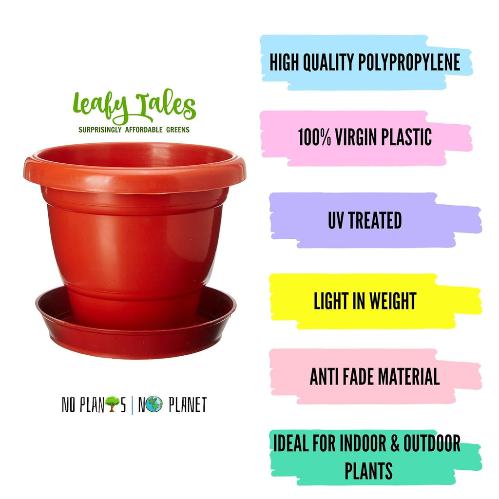 Leafy Tales 8-inch Plastic Flower Pots with 4-inch Dripping Trays (Pack of 6 Sets) - Terracotta Colour Garden Gamla for Home & Outdoor Balcony - Durable Indoor/Outdoor Planters with Drainage Saucers