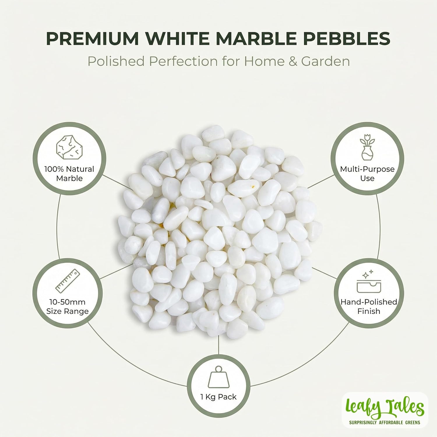 Leafy Tales White Polished Marble Stone Pebbles for Home & Garden Decoration| White Polish 1 Kg