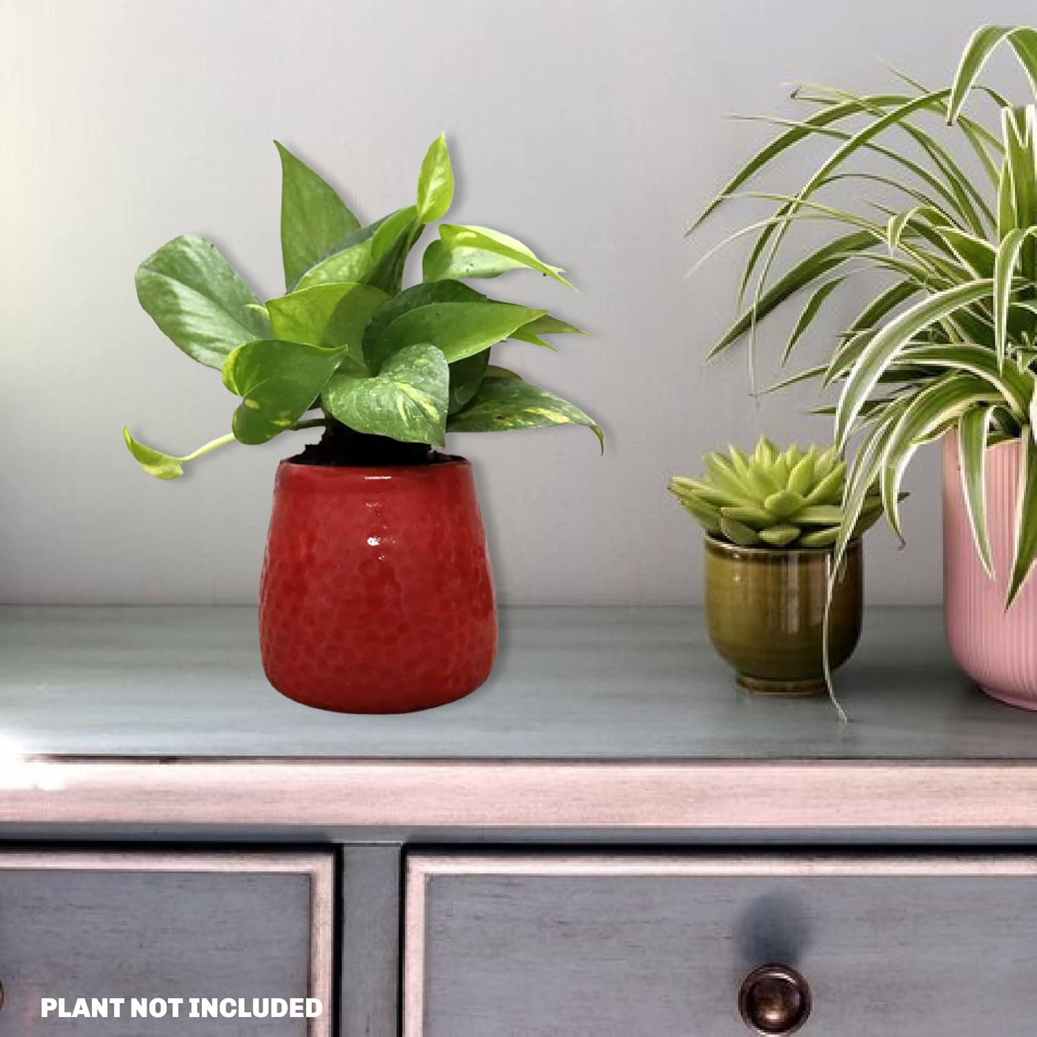 Leafy Tales Honeycomb Texture Ceramic Pot for Home Garden Decor Glossy Red