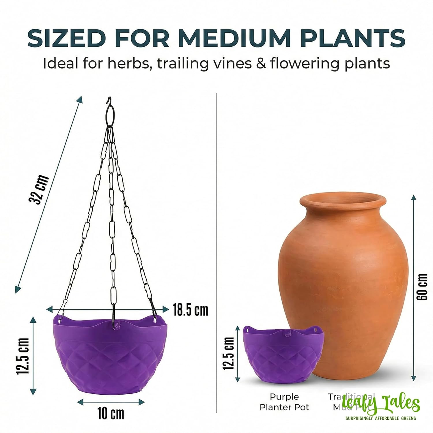 Leafy Tales Plastic Hanging Pot with Chain , Medium, 15 Pieces