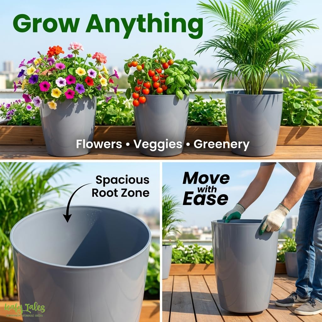 Leafy Tales Modern Round Tower Planter for Home Décor 14 INCH, Highly Durable,Lightweight Indoor Outdoor Planter, Flower Pot Gamla, Pot for Balcony Garden, Vegetables, Flowers & Greenery