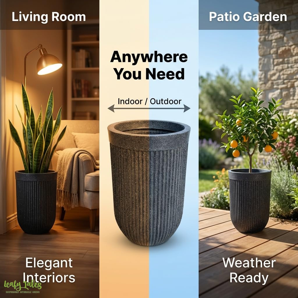 Leafy Tales Modern Ribbed Tall Round Planter - 24 Inch Decorative Flower Pot with Granite Finish, Lightweight & Weather Resistant Indoor/Outdoor Garden Pot for Home, Office, and Living Room Decor