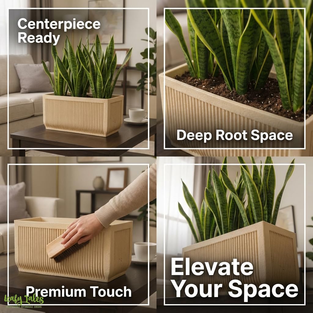 Leafy Tales Modern Rectangular Window Planter 24 Inch - Fluted Decorative Succulent Pot with Textured Stone Finish, Indoor/Outdoor Flower Box for Windowsill, Balcony, and Office Desk Decor