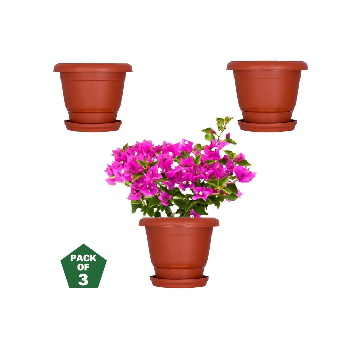 Leafy Tales 8-inch Plastic Flower Pots with 4-inch Dripping Trays (Pack of 3 Sets) - Terracotta Colour Garden Gamla for Home & Outdoor Balcony - Durable Indoor/Outdoor Planters with Drainage Saucers