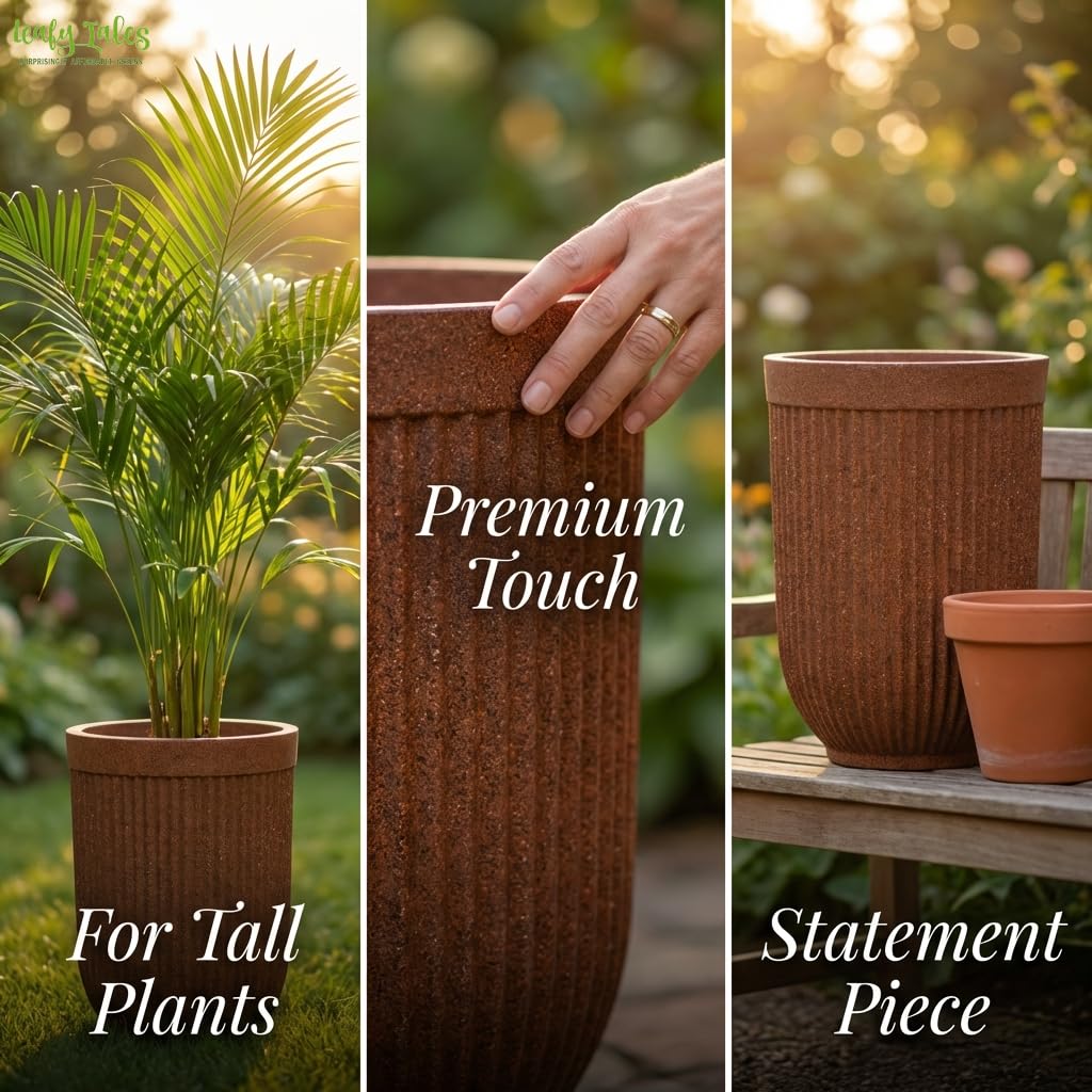 Leafy Tales Modern Ribbed Tall Round Planter - 24 Inch Decorative Flower Pot with Granite Finish, Lightweight & Weather Resistant Indoor/Outdoor Garden Pot for Home, Office, and Living Room Decor