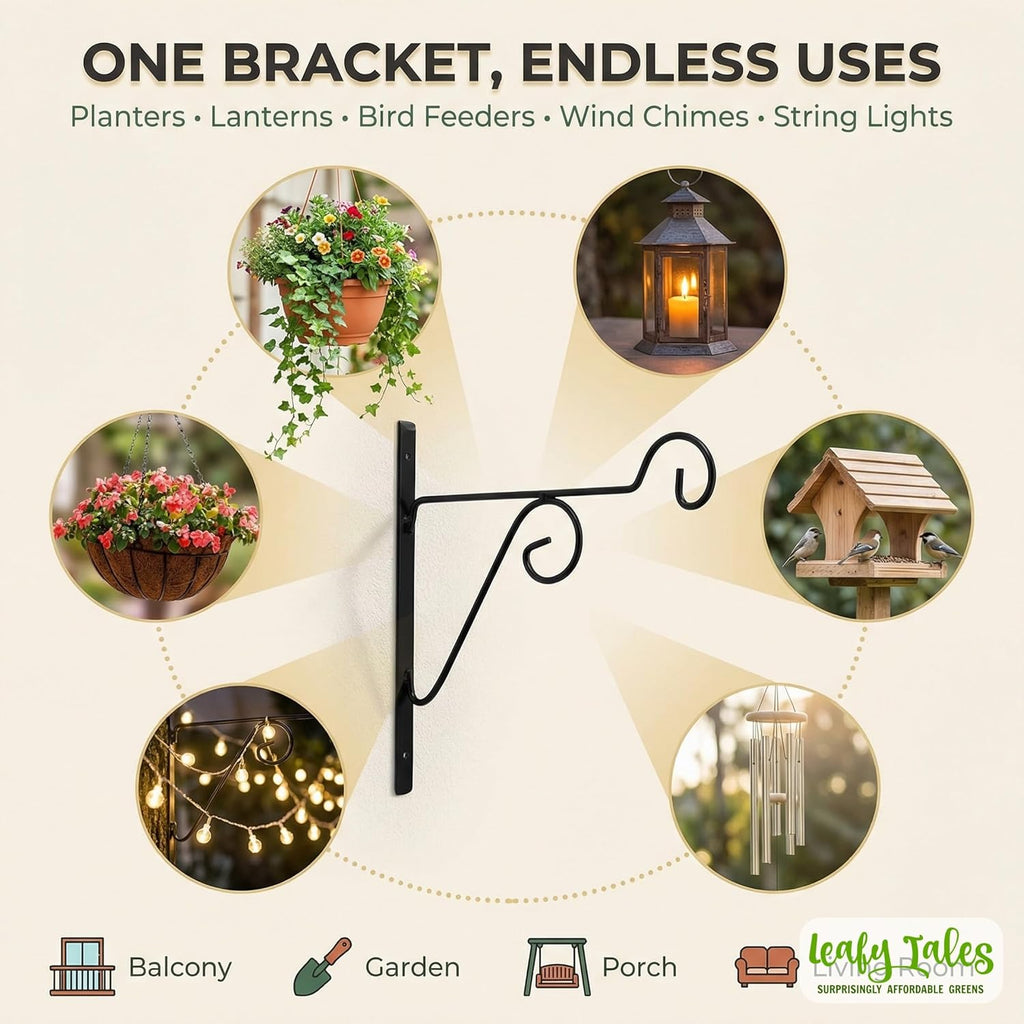 Leafy Tales 2-Pack Metal Hanging Plant Hooks - Decorative Wall Mount Brackets for Hanging Planters & Pots | Durable Rust-Resistant Iron Holders for Balcony, Fence & Garden Wall Decor