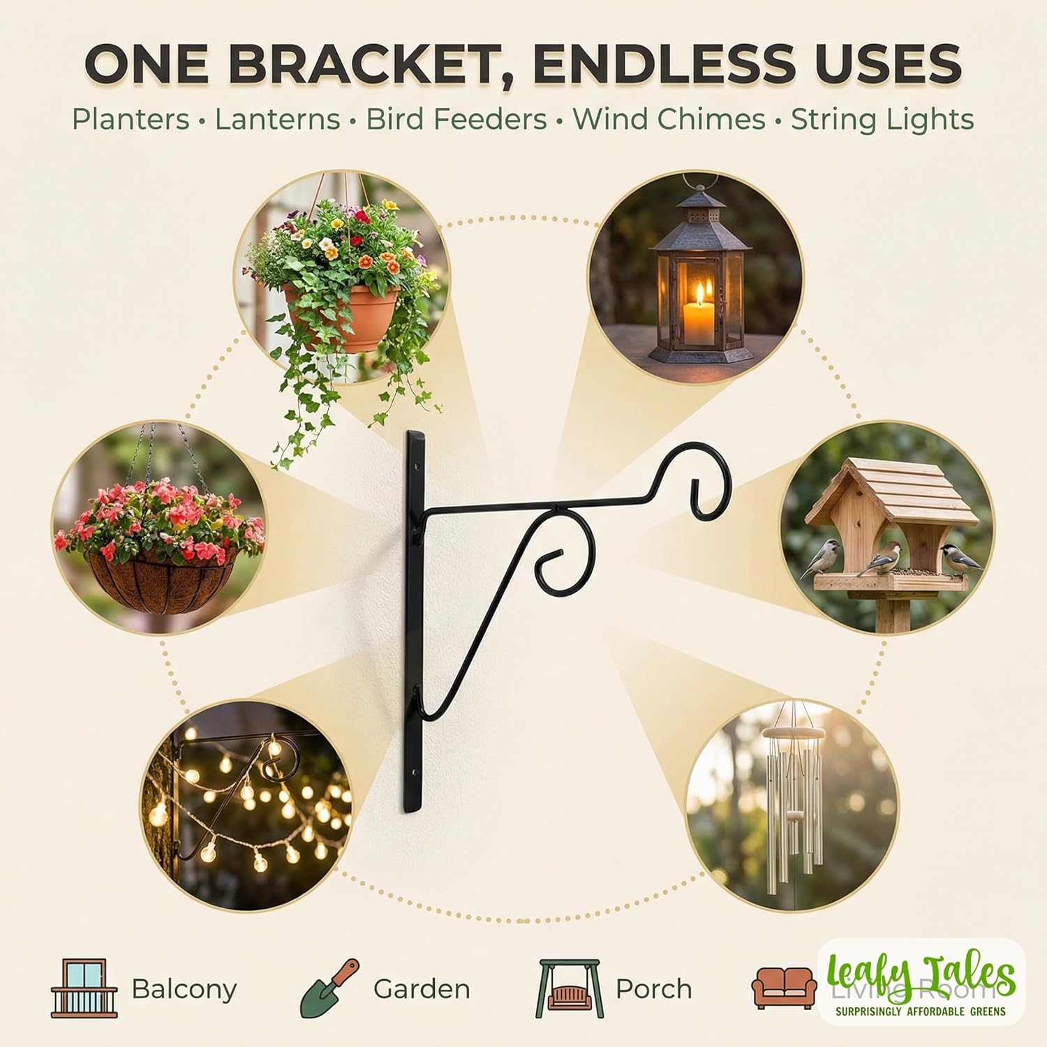 Leafy Tales 2-Pack Metal Hanging Plant Hooks - Decorative Wall Mount Brackets for Hanging Planters & Pots | Durable Rust-Resistant Iron Holders for Balcony, Fence & Garden Wall Decor