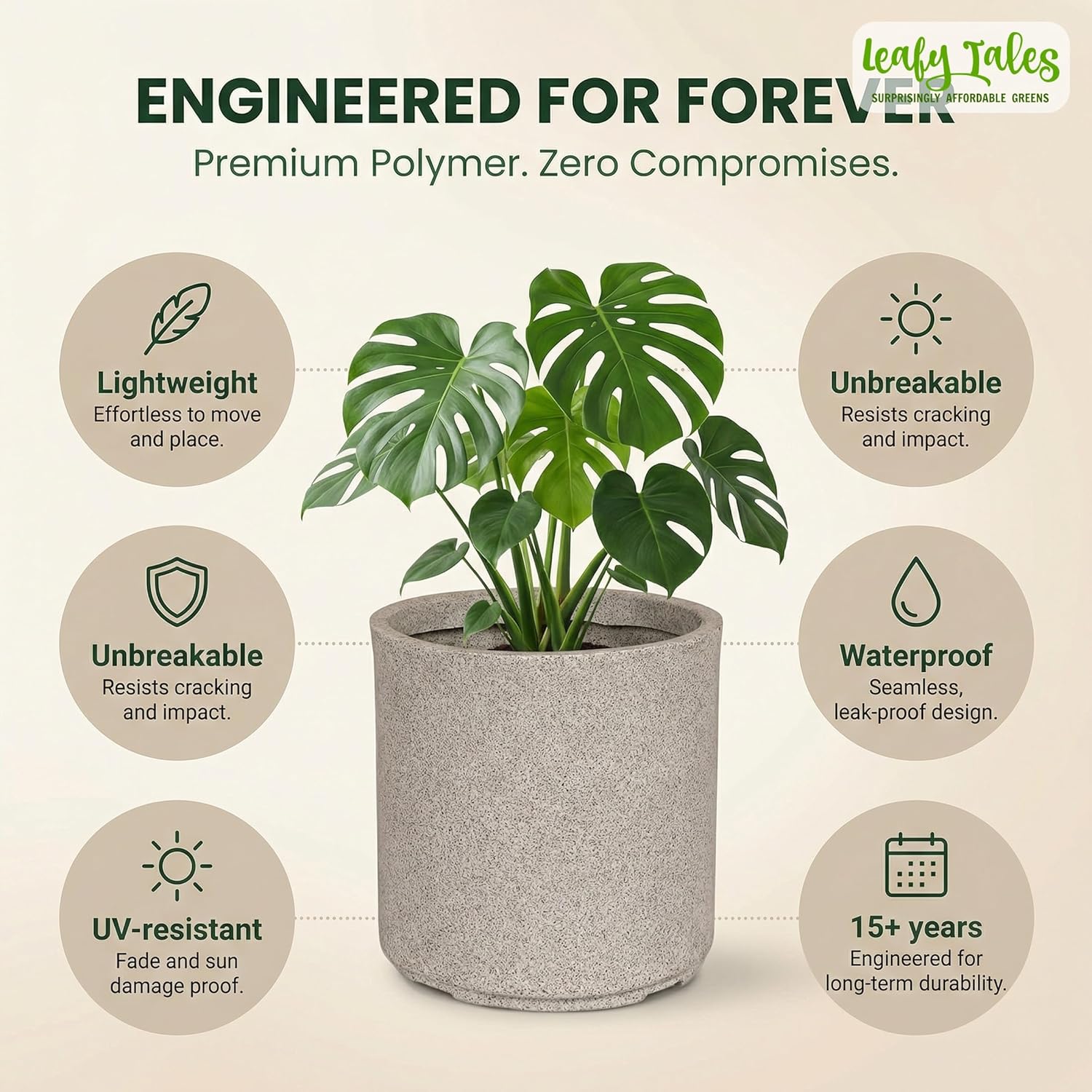Leafy Tales Modern Round Cylindrical Planter for Home Décor 10 INCH, Highly Durable,Lightweight Indoor Outdoor Planter, Flower Pot Gamla, Pot for Balcony Garden, Vegetables