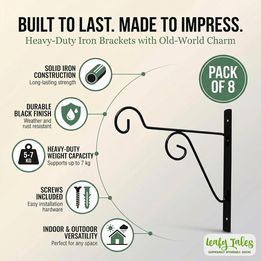 Leafy Tales Plant Hanger Brackets Wall Mounted - Metal Hanging Hooks, Holder for Indoor Outdoor Planters - Black - Pack of 8 (Wall Hanging-8)