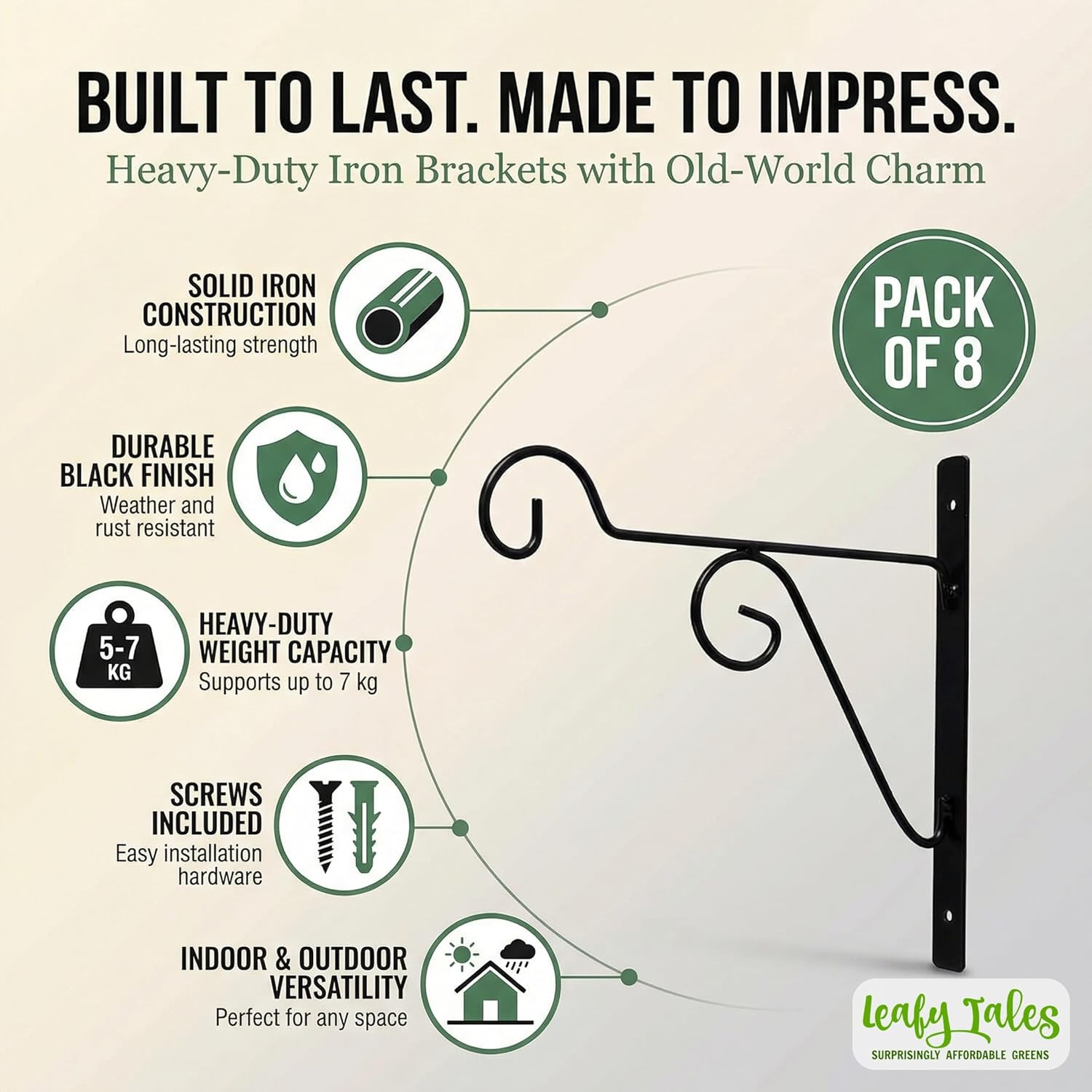 Leafy Tales Plant Hanger Brackets Wall Mounted - Metal Hanging Hooks, Holder for Indoor Outdoor Planters - Black - Pack of 8 (Wall Hanging-8)