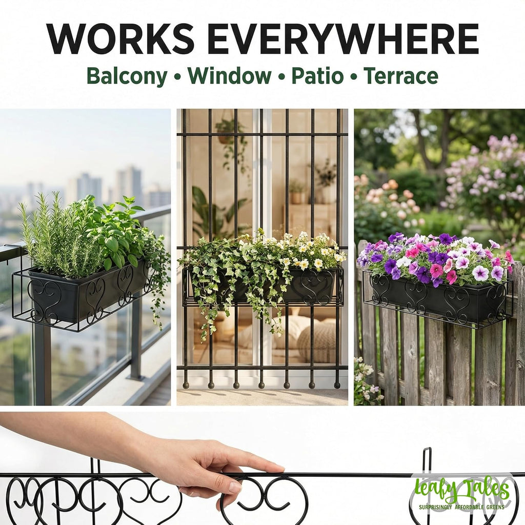 Leafy Tales Metal Long Rectangular Shape Railings Pot Holder |Pot Holder Basket for Plants in Balcony Railings Gamla Stand for Indoor and Outdoor (Set of 1)