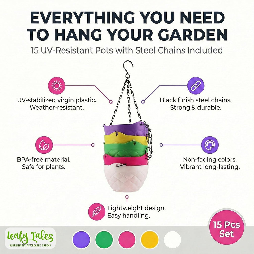 Leafy Tales Plastic Hanging Pot with Chain , Medium, 15 Pieces