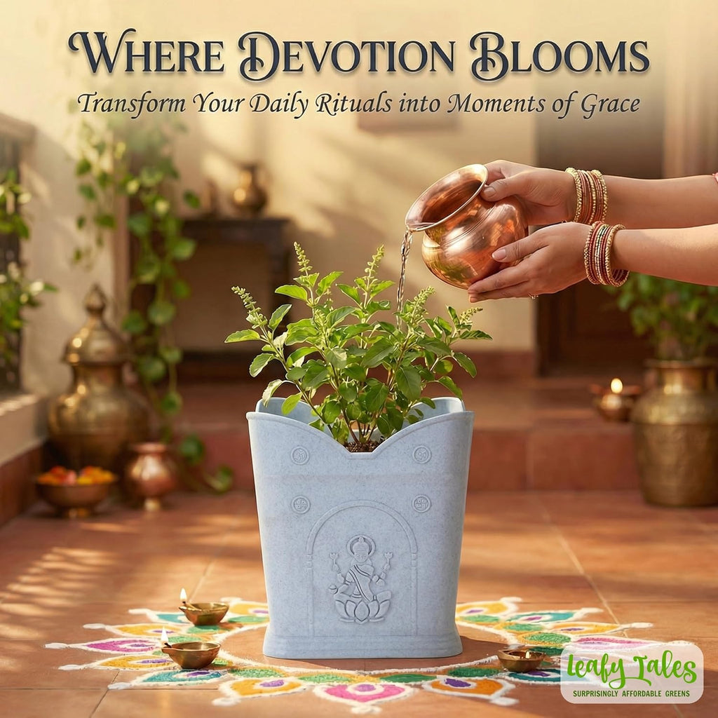 Leafy Tales 8-Inch Elegant White Sattva Tulsi Pot – Durable PPE Plastic Planter for Indoor & Outdoor Balcony – UV Resistant & Weatherproof Holy Basil Pot for Home Decor (White, 8H x 8W)
