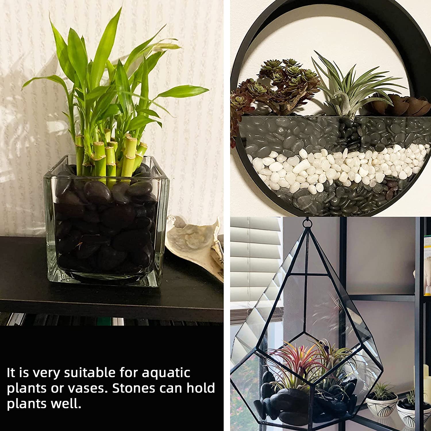 Leafy Tales Black Polish Marble Stone Pebbles for Home & Garden Decoration| Black Polish 1 Kg