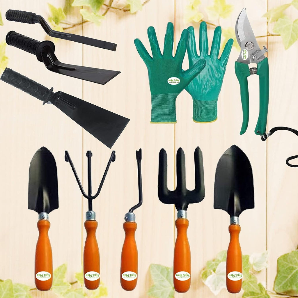 Leafy Tales Gardening Tool Kit Set of 10 (8 Tools + Pruner Scissors + Gloves)