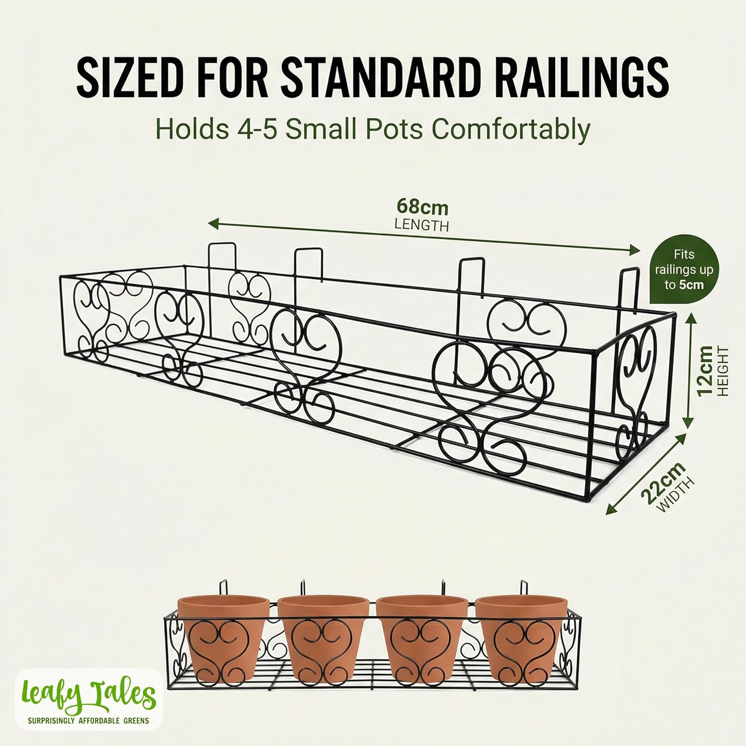 Leafy Tales Metal Long Rectangular Shape Railings Pot Holder |Pot Holder Basket for Plants in Balcony Railings Gamla Stand for Indoor and Outdoor (Set of 2)
