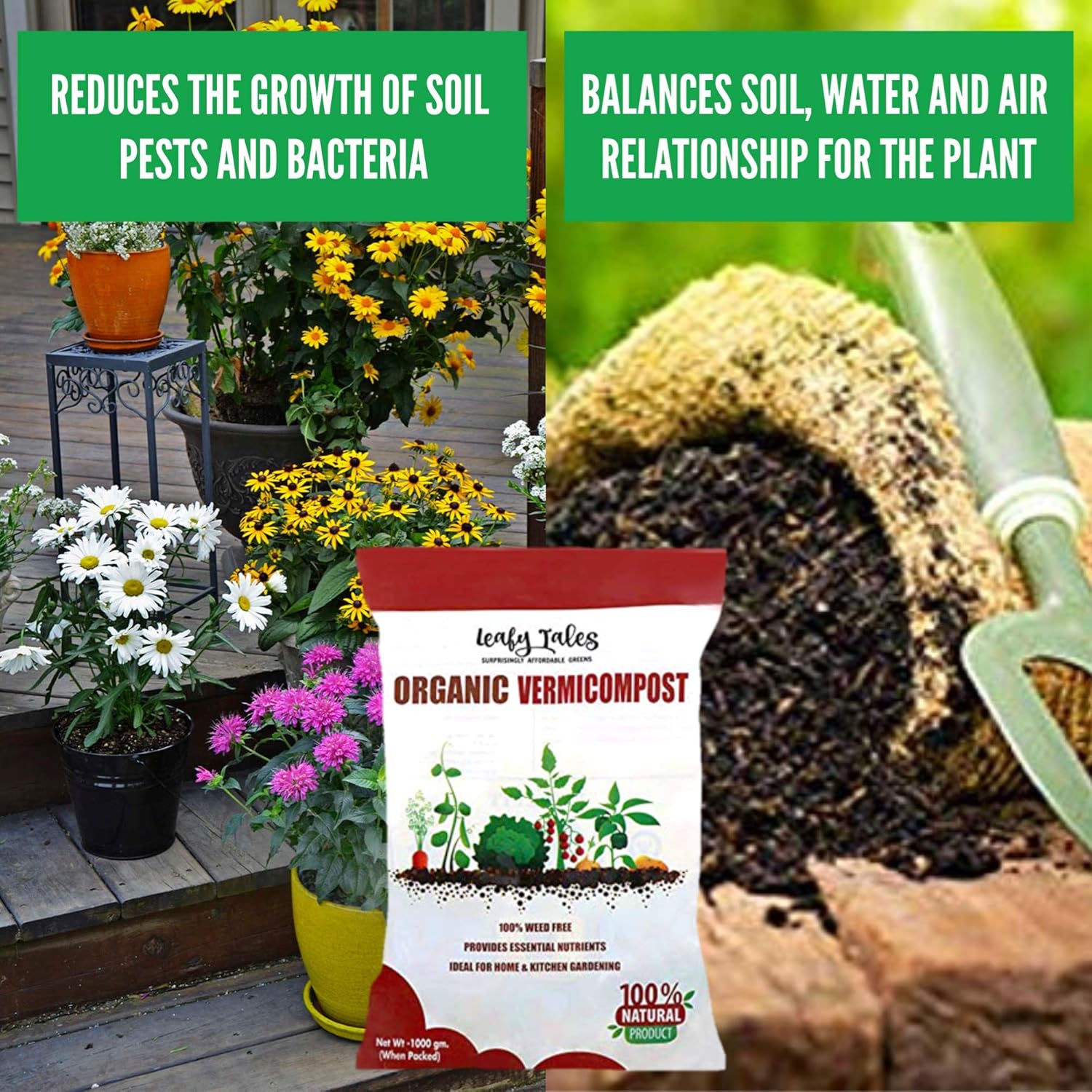 Leafy Tales 1kg Organic Vermicompost Manure Fertilizer - Pure Bio-Organic Fertilizer for Flowers, Vegetables & Lawns | Natural Soil Enricher, Potting Mix Supplement & Plant Food