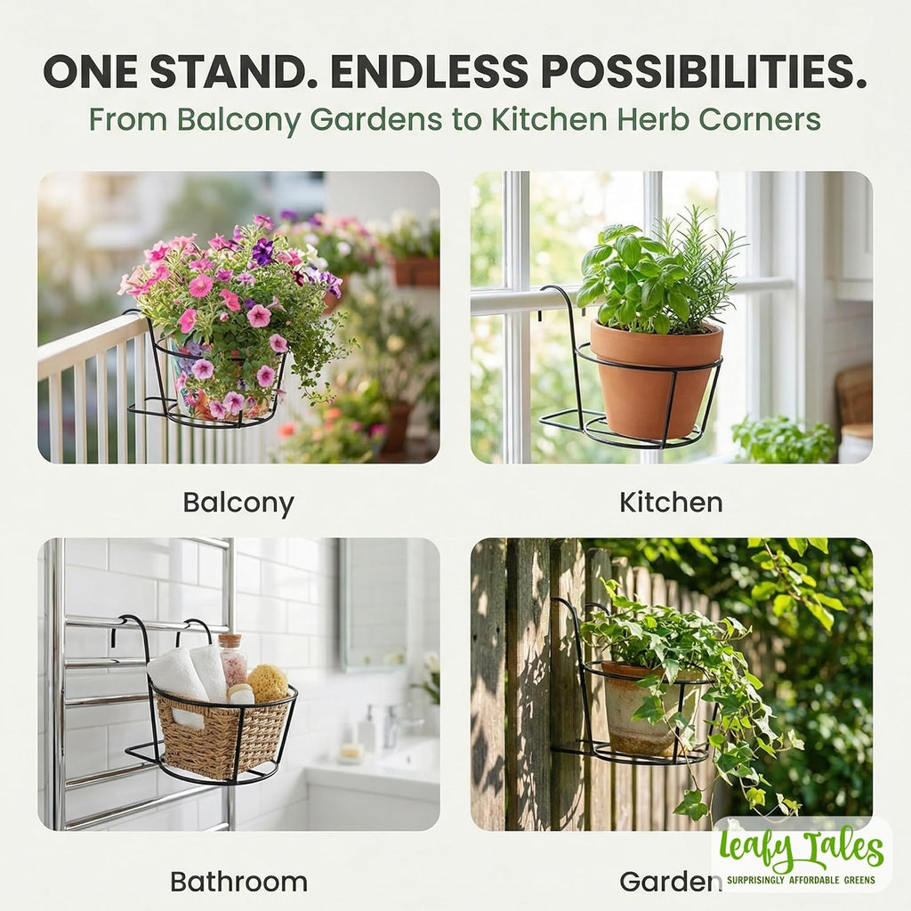 Leafy Tales Metal Hanging Flower Pot Railing Stand (Set of 1) - Rust-Proof Black Plant Holders for Balcony Grill & Terrace | Heavy Duty Hanging Planter Baskets for Home Garden Decor
