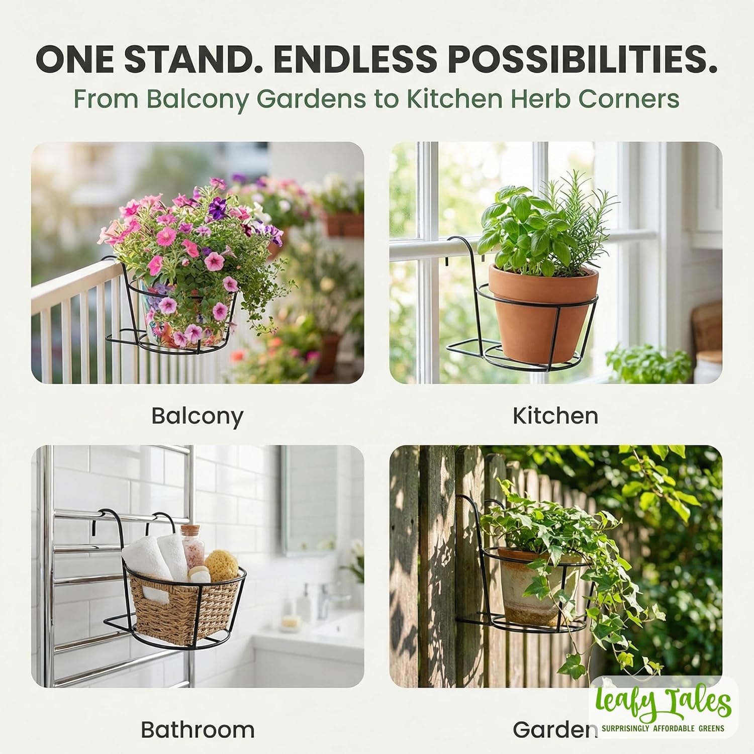 Leafy Tales Metal Hanging Flower Pot Railing Stand (Set of 1) - Rust-Proof Black Plant Holders for Balcony Grill & Terrace | Heavy Duty Hanging Planter Baskets for Home Garden Decor